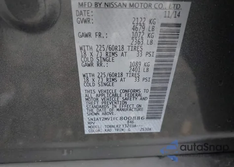 2015 Nissan Rogue Sl z USA, uszkodzony, nr VIN 5N1AT2MV1FC800886